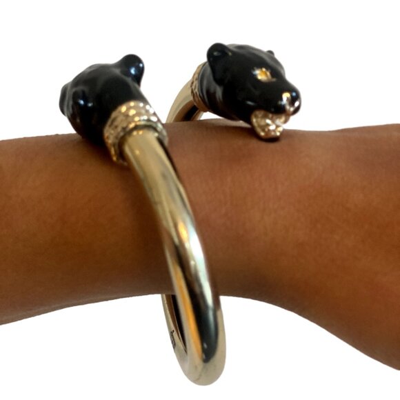 Gold Colored Cuff Bracelet With Black Panthers, 1AR or Unoaerre (Italian Brand) - Picture 4 of 6